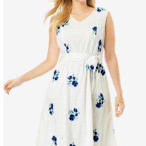 NEW Jessica London White Lace Embroidered Blue Flowers Belted Sundress Size 26W